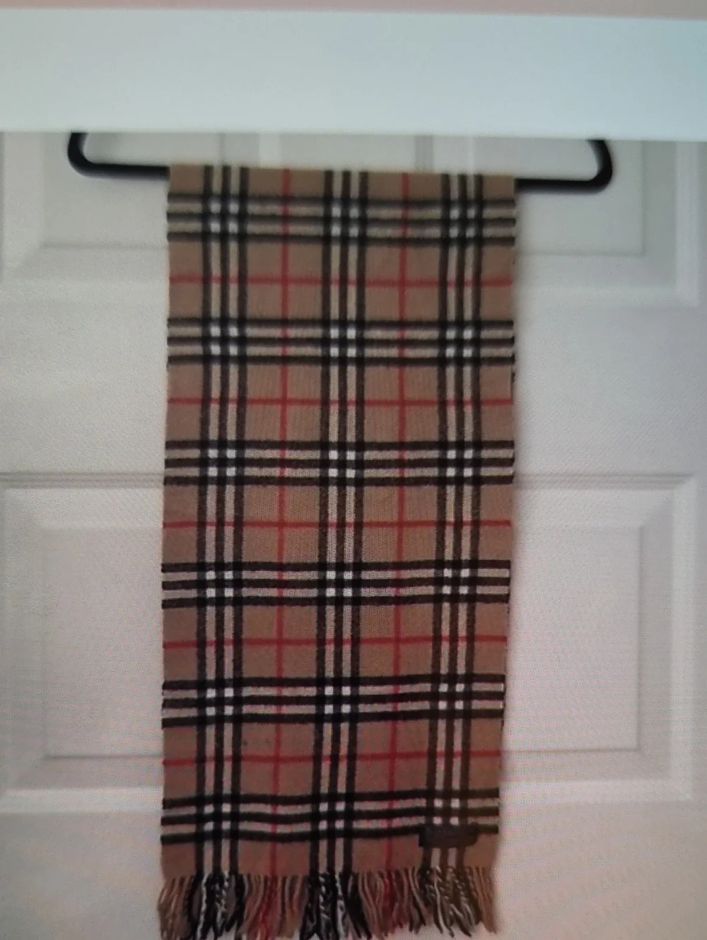 Burberry Beige Plaid Scarf with Black, White and Red Accents